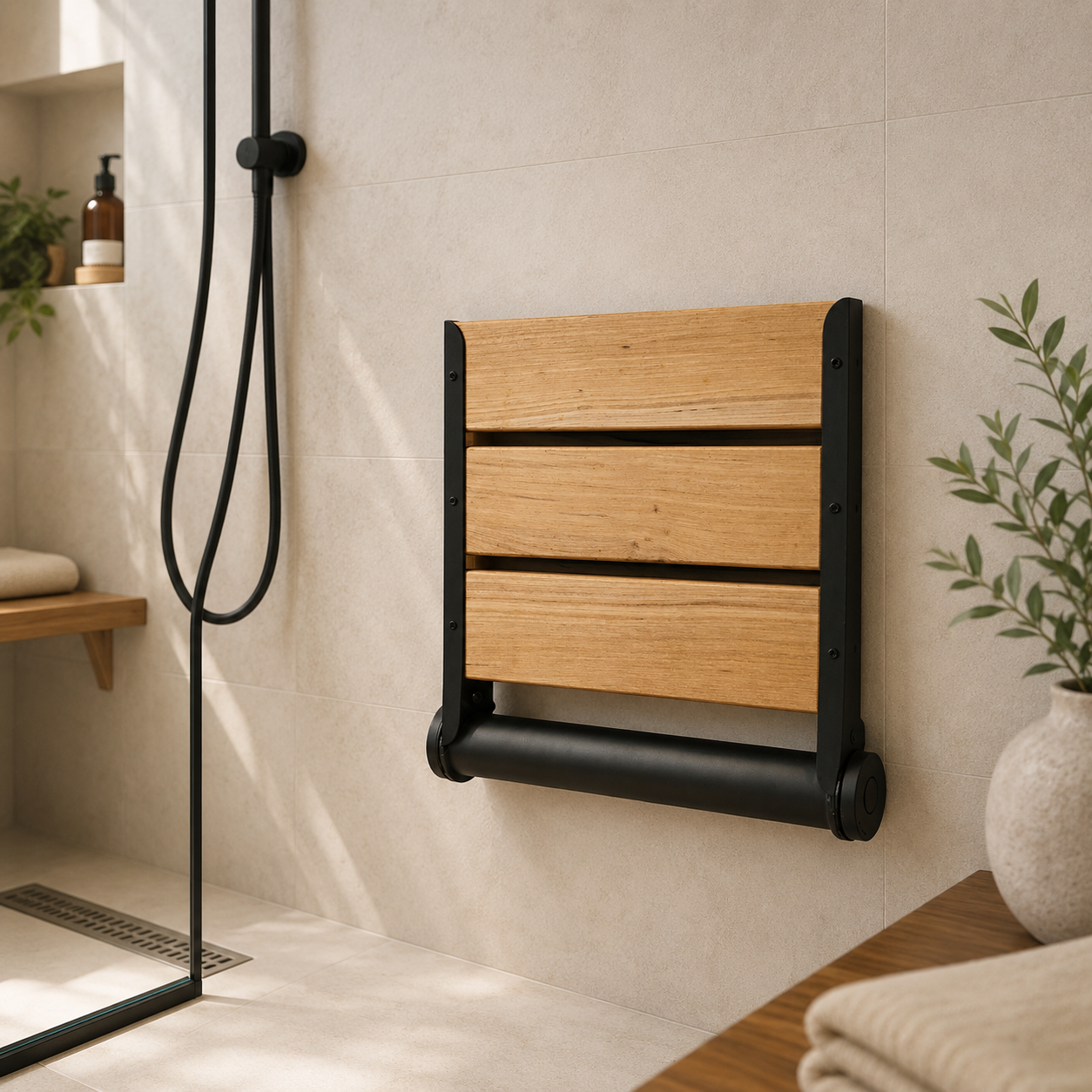 18" Teak Designer Wall Mounted Folding Shower Seat (with Auto-Rise)