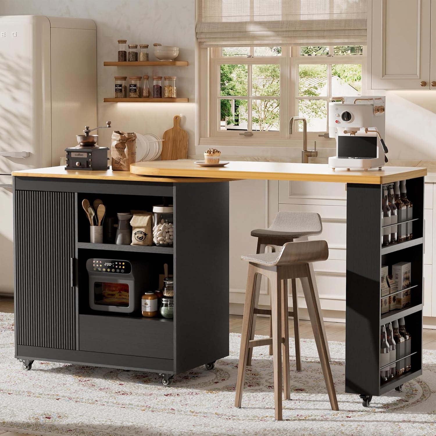 Rolling Kitchen Island with 360 Swivel Kitchen Island with Power Outlet | Rotating Kitchen Islands with Storage Cabinets Wood Kitchen Island Table for Kitchen, Bar, Dining Room