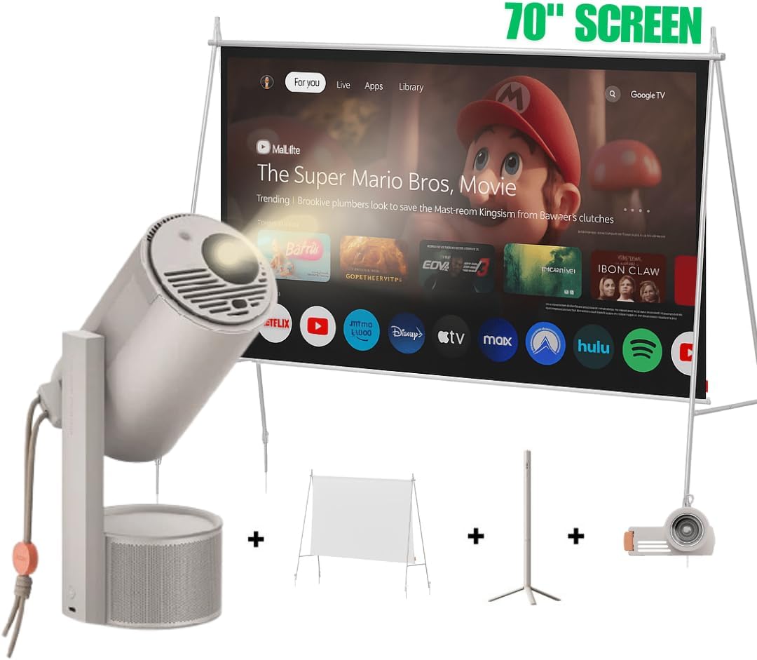 Mogo 3 Pro Portable Projector Collection, Optical Filter & Carrying Case & Powerbase Stand, 2.5Hrs Battery, Google TV with Licensed Netflix, All-In-One Travel Bundle