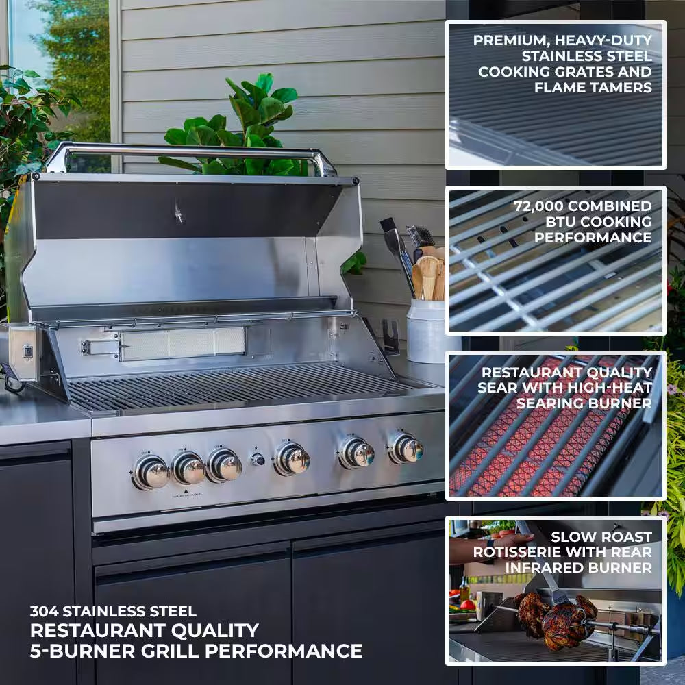 Fusion Flame 5-Burner Propane Gas Grill Island with Rotisserie and Outdoor Rated Refrigerator in Stainless Steel