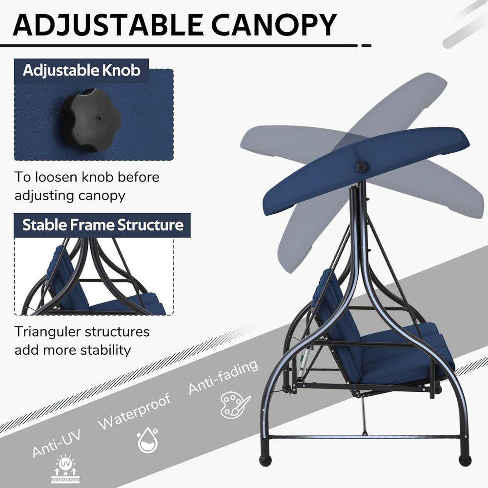 3-Person Metal Outdoor Patio Swing Canopy Hammock with Blue Cushions