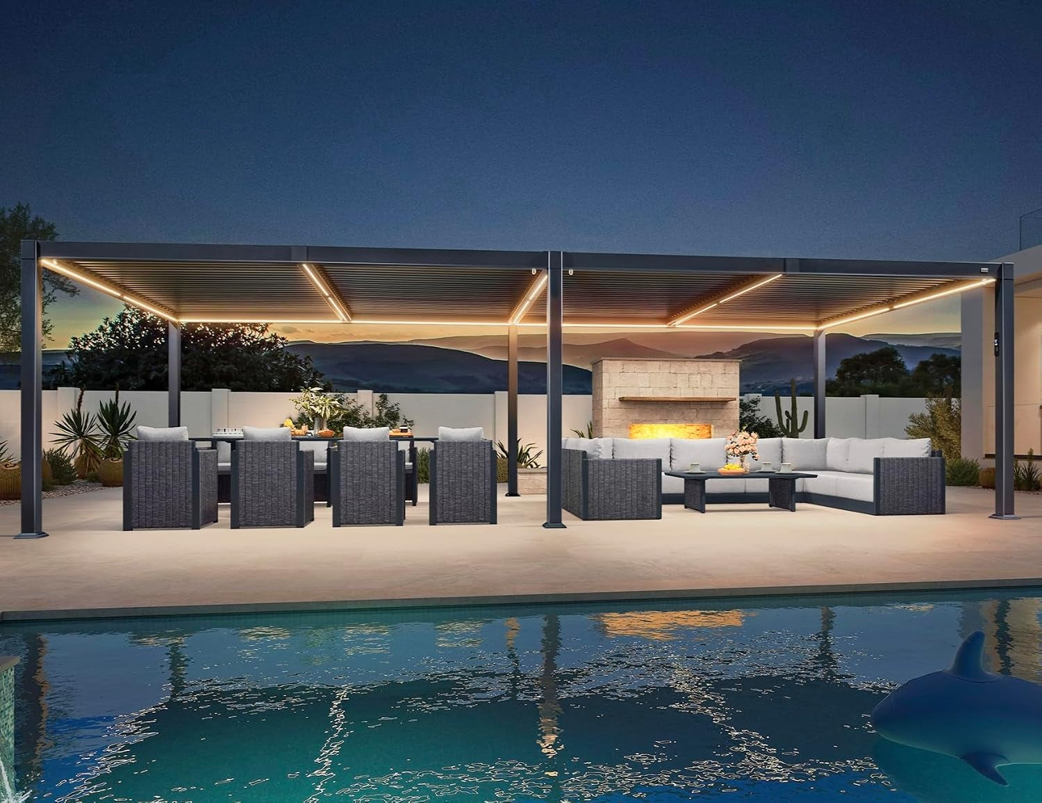 92KS Outdoor Pergola 11.5' X 27.5' Large Aluminum Frame, Gray | 3-Level Brightness, Warm to Cool LED Light, Post-Mounted Controller, No Extra Wiring, Solar USB Power, 70MPH Wind-Resistant