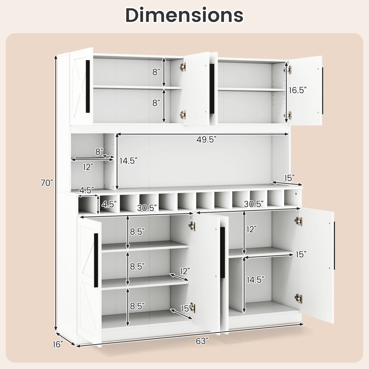 70-Inch Farmhouse Pantry Cabinet with Wine Rack
