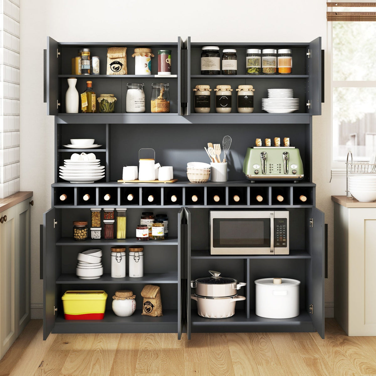 70-Inch Farmhouse Pantry Cabinet with Wine Rack