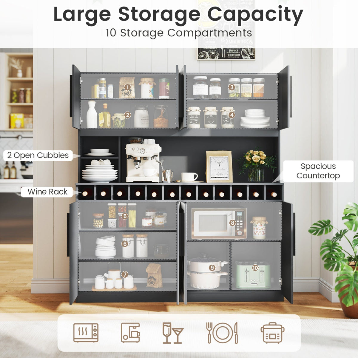 70-Inch Farmhouse Pantry Cabinet with Wine Rack