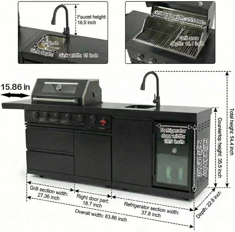 Outdoor BBQ Island, BBQ Island Outdoor Kitchen, 46" 4-Burner 72,000 BTU Outdoor Kitchen Island with Grill, Grill Tools, Grill Cover, Sink, Fridge, Rotisserie, Locking Casters, Propane/Ng (Black)