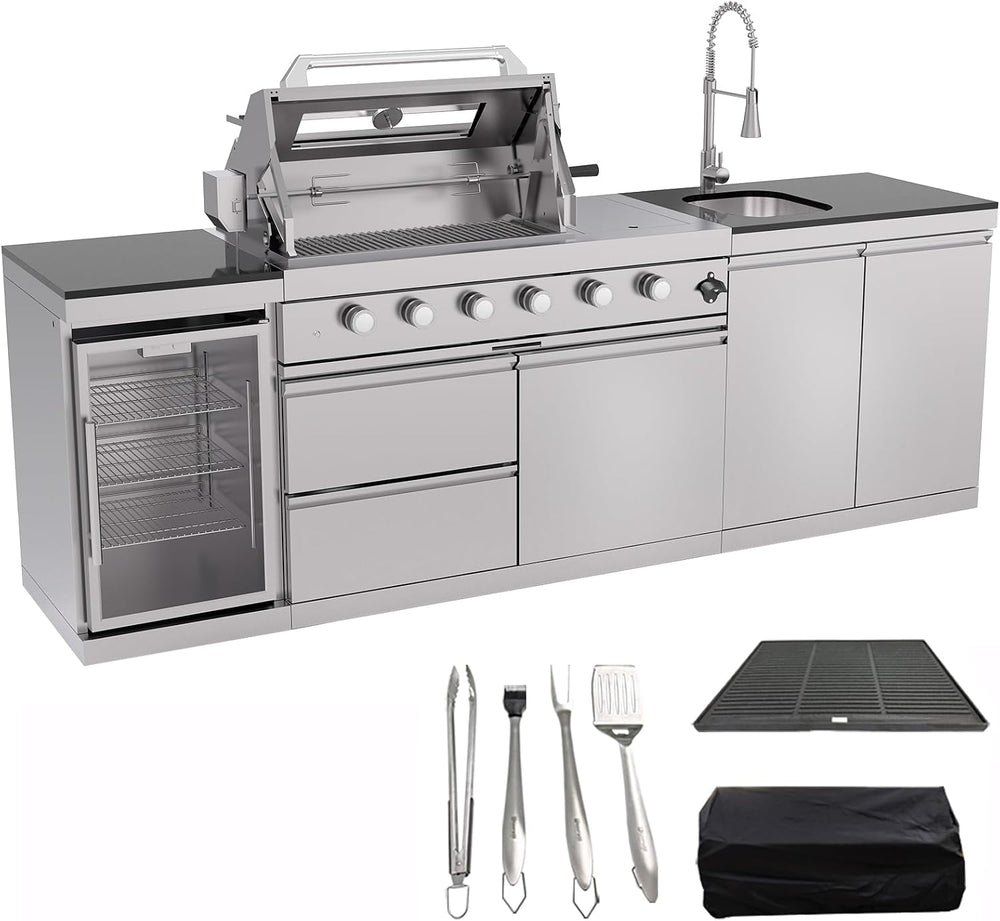 98.4 Inch Outdoor Kitchen Island, 72000 BTU Modular Propane Gas Grill Combination with Refrigerator and Sink, Outdoor Stainless Steel Barbecue Bar, Propane Grill for Patios, Gardens, Parties