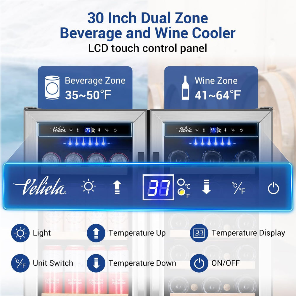 Wine and Beverage Refrigerator 30 Inch, Upgrade Dual Zone Wine Cooler, 30'' Wine Beverage Fridge Built in or Freestanding under Counter Large Capacity Glass Door Advanced Cooling System