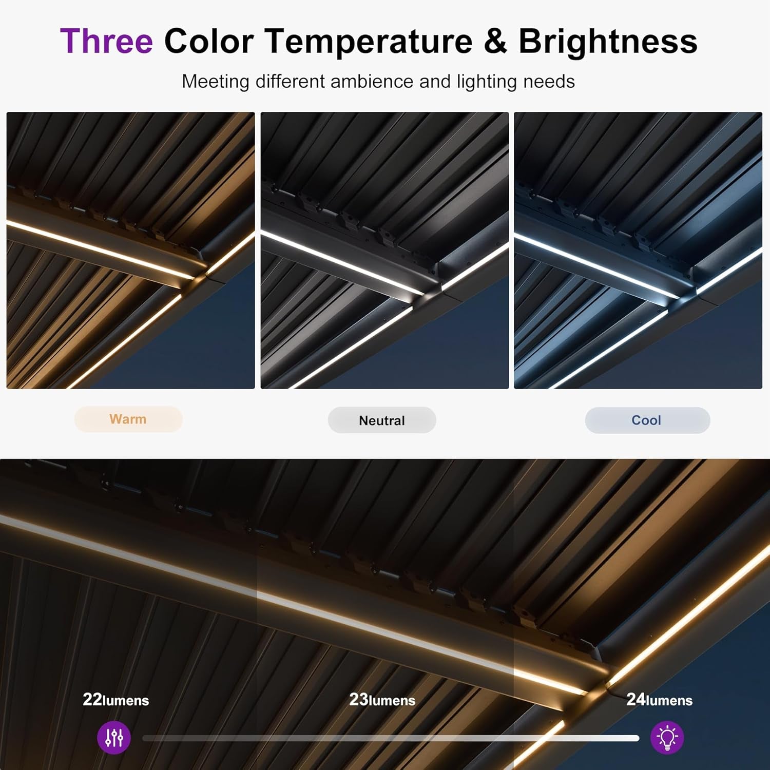 92KS Outdoor Pergola 11.5' X 27.5' Large Aluminum Frame, Gray | 3-Level Brightness, Warm to Cool LED Light, Post-Mounted Controller, No Extra Wiring, Solar USB Power, 70MPH Wind-Resistant