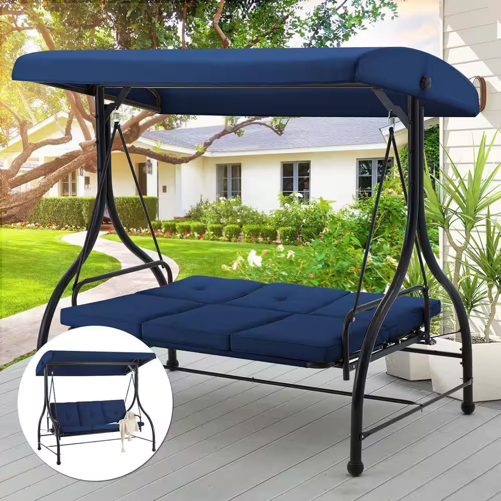 3-Person Metal Outdoor Patio Swing Canopy Hammock with Blue Cushions