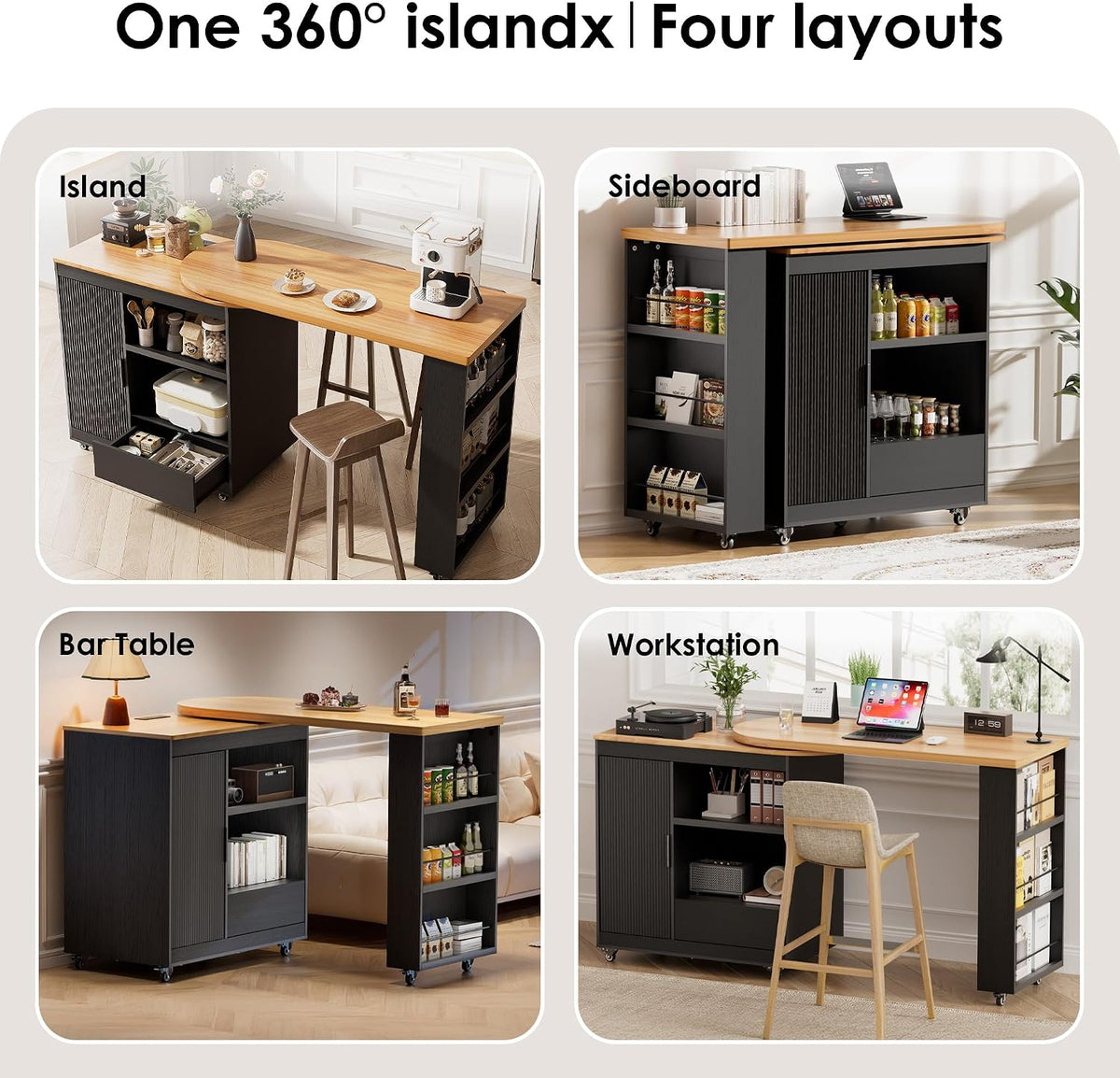 Rolling Kitchen Island with 360 Swivel Kitchen Island with Power Outlet | Rotating Kitchen Islands with Storage Cabinets Wood Kitchen Island Table for Kitchen, Bar, Dining Room