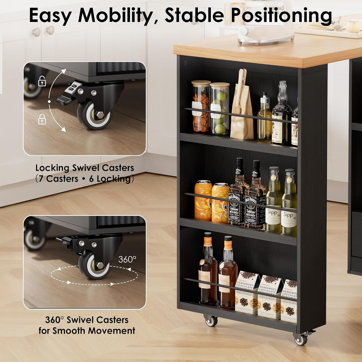 Rolling Kitchen Island with 360 Swivel Kitchen Island with Power Outlet | Rotating Kitchen Islands with Storage Cabinets Wood Kitchen Island Table for Kitchen, Bar, Dining Room