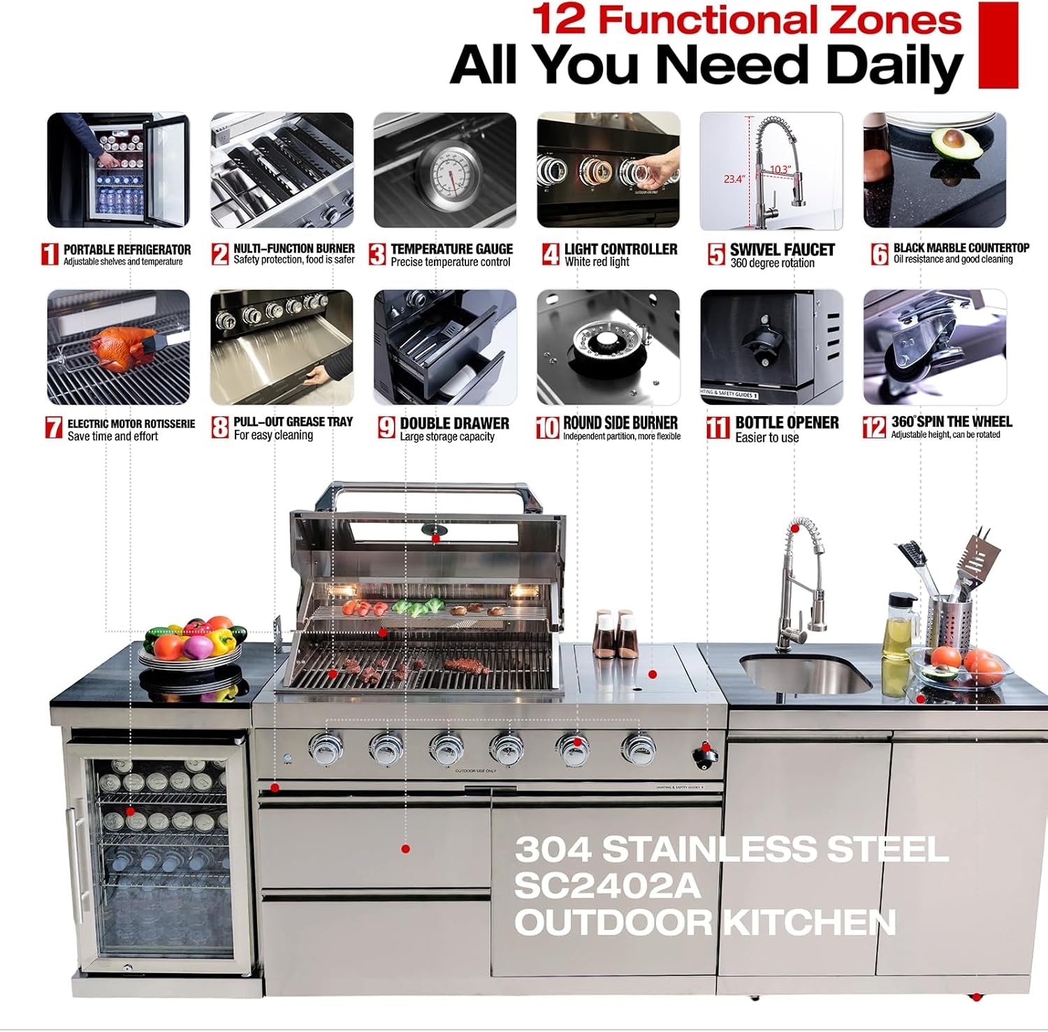 98.4 Inch Outdoor Kitchen Island, 72000 BTU Modular Propane Gas Grill Combination with Refrigerator and Sink, Outdoor Stainless Steel Barbecue Bar, Propane Grill for Patios, Gardens, Parties