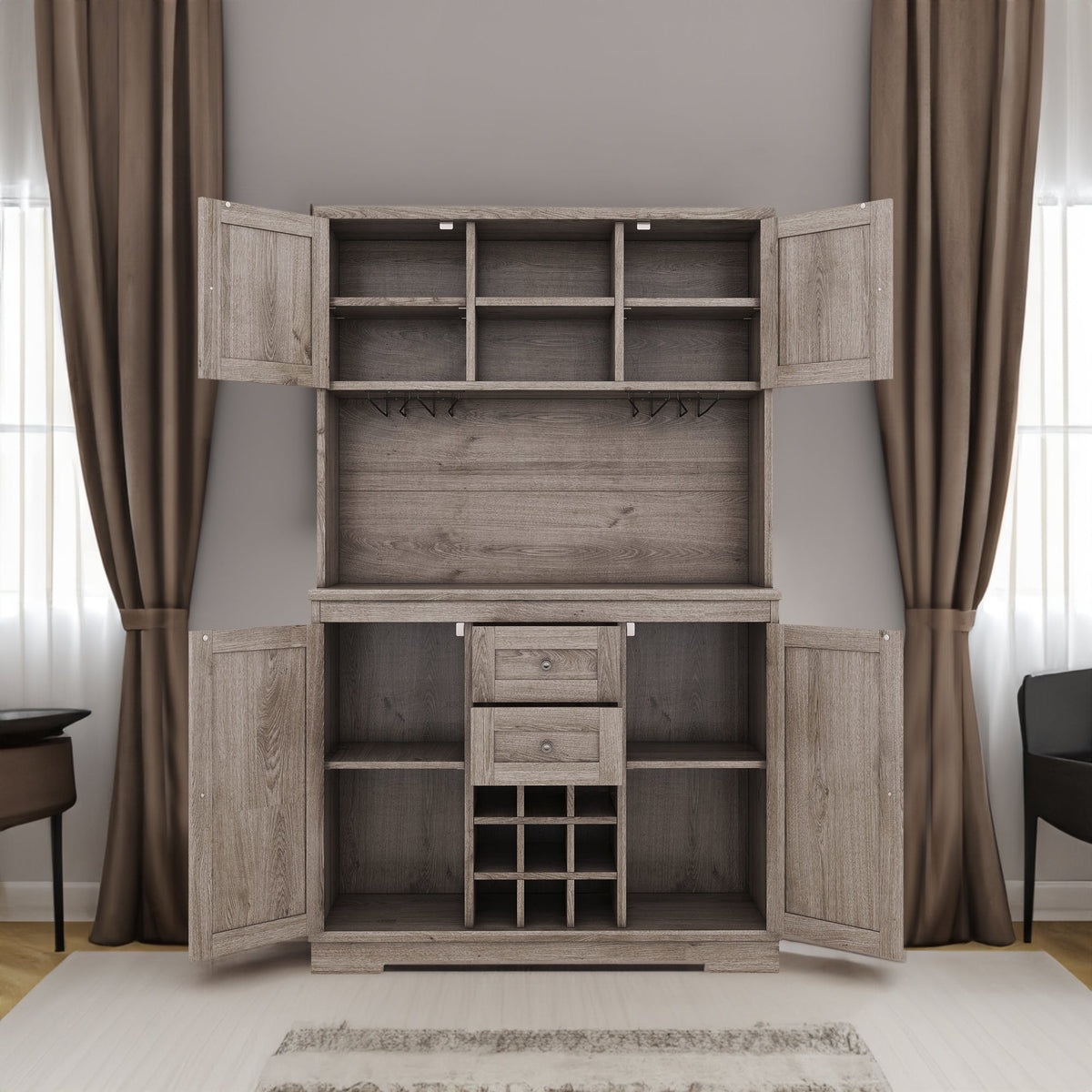 Farmhouse Coffee Bar Cabinet with Wine & Glass Storage - Brown Oak
