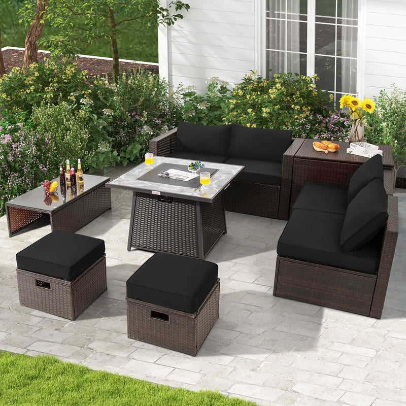 9-Piece Patio PE Wicker Sectional Set with 50,000 BTU Fire Pit Table