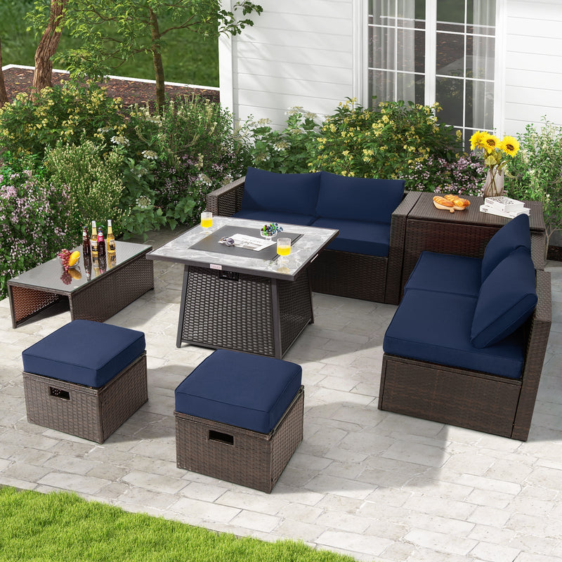 9-Piece Patio PE Wicker Sectional Set with 50,000 BTU Fire Pit Table