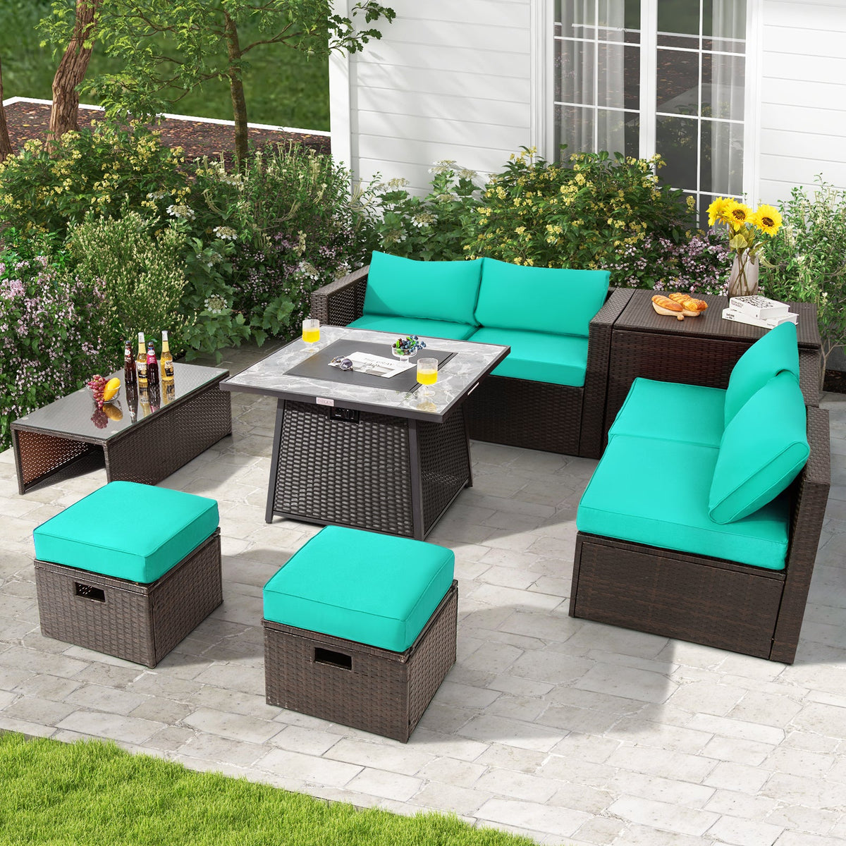9-Piece Patio PE Wicker Sectional Set with 50,000 BTU Fire Pit Table