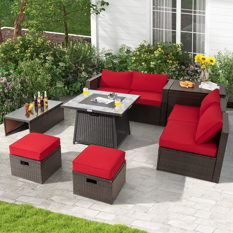 9-Piece Patio PE Wicker Sectional Set with 50,000 BTU Fire Pit Table