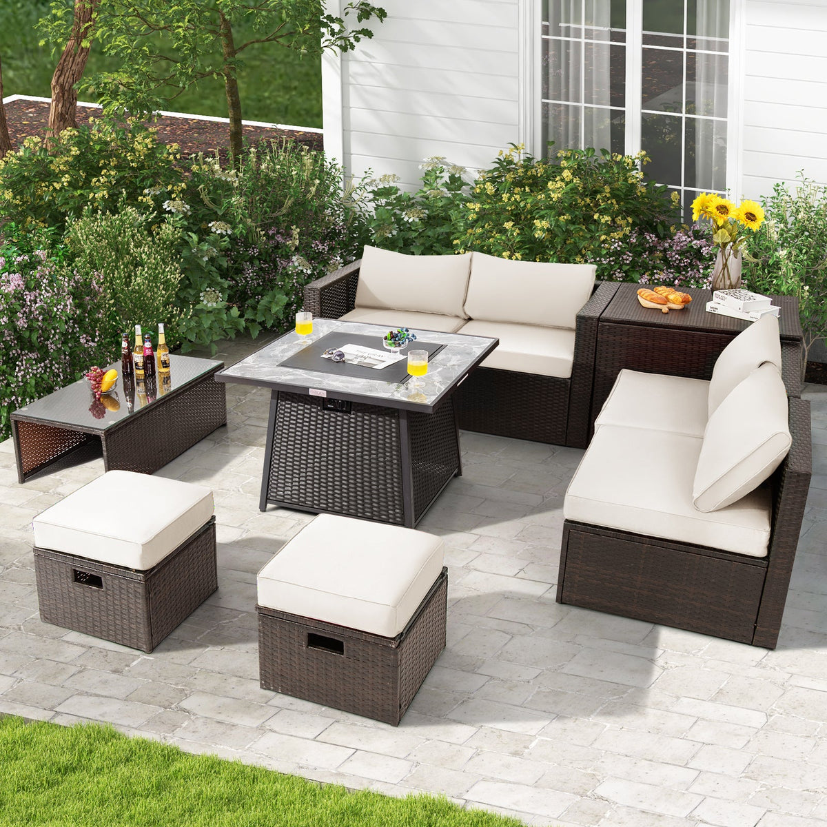 9-Piece Patio PE Wicker Sectional Set with 50,000 BTU Fire Pit Table