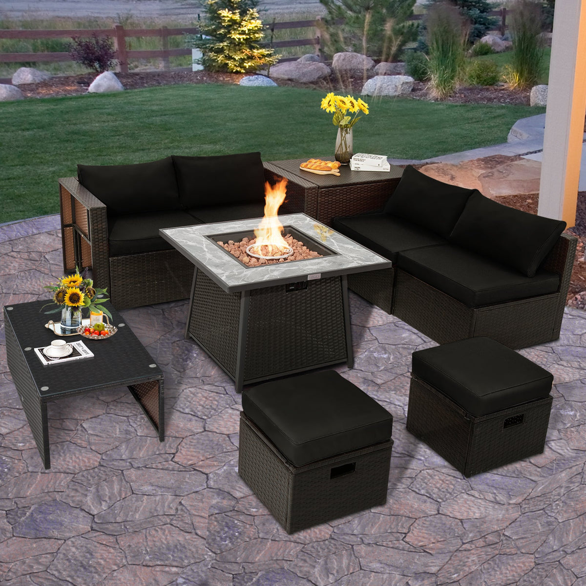9-Piece Patio PE Wicker Sectional Set with 50,000 BTU Fire Pit Table