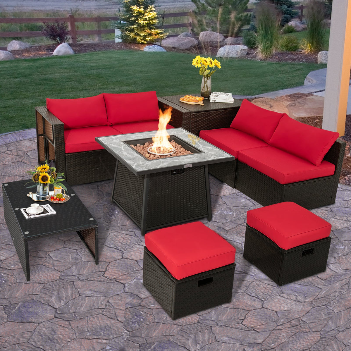 9-Piece Patio PE Wicker Sectional Set with 50,000 BTU Fire Pit Table