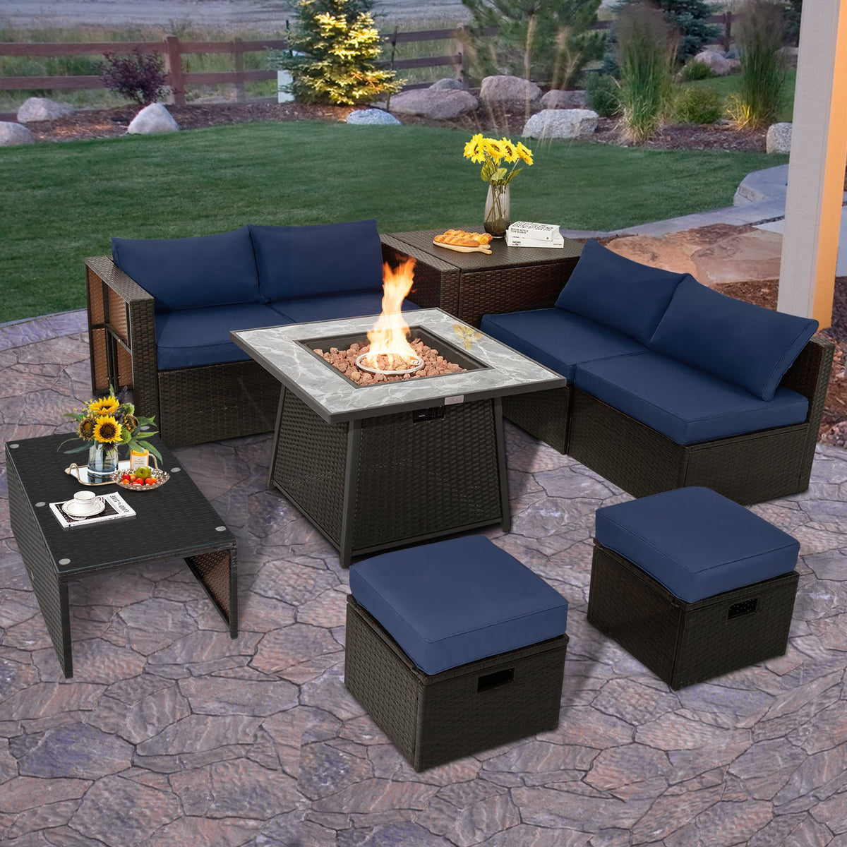 9-Piece Patio PE Wicker Sectional Set with 50,000 BTU Fire Pit Table