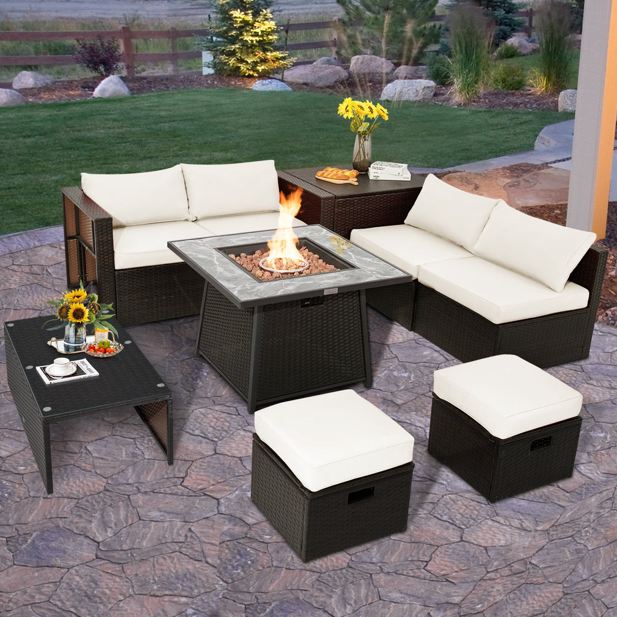9-Piece Patio PE Wicker Sectional Set with 50,000 BTU Fire Pit Table