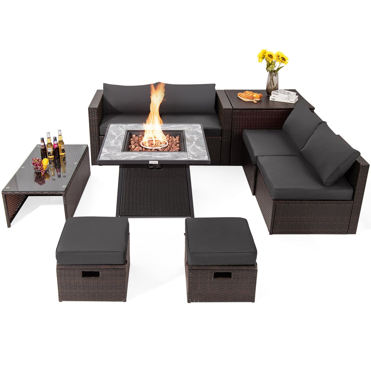9-Piece Patio PE Wicker Sectional Set with 50,000 BTU Fire Pit Table