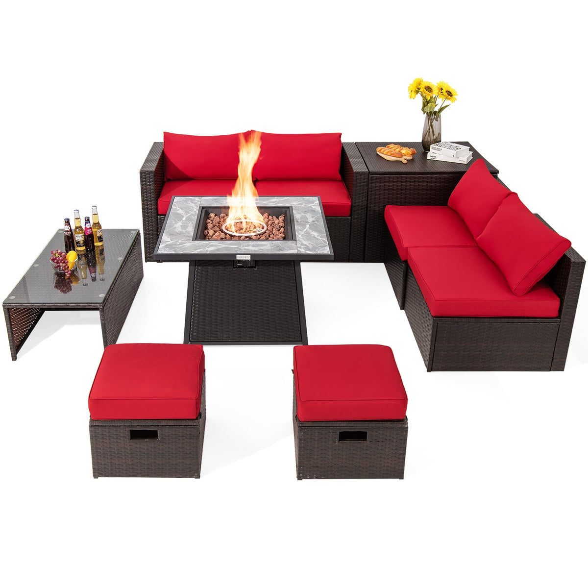 9-Piece Patio PE Wicker Sectional Set with 50,000 BTU Fire Pit Table