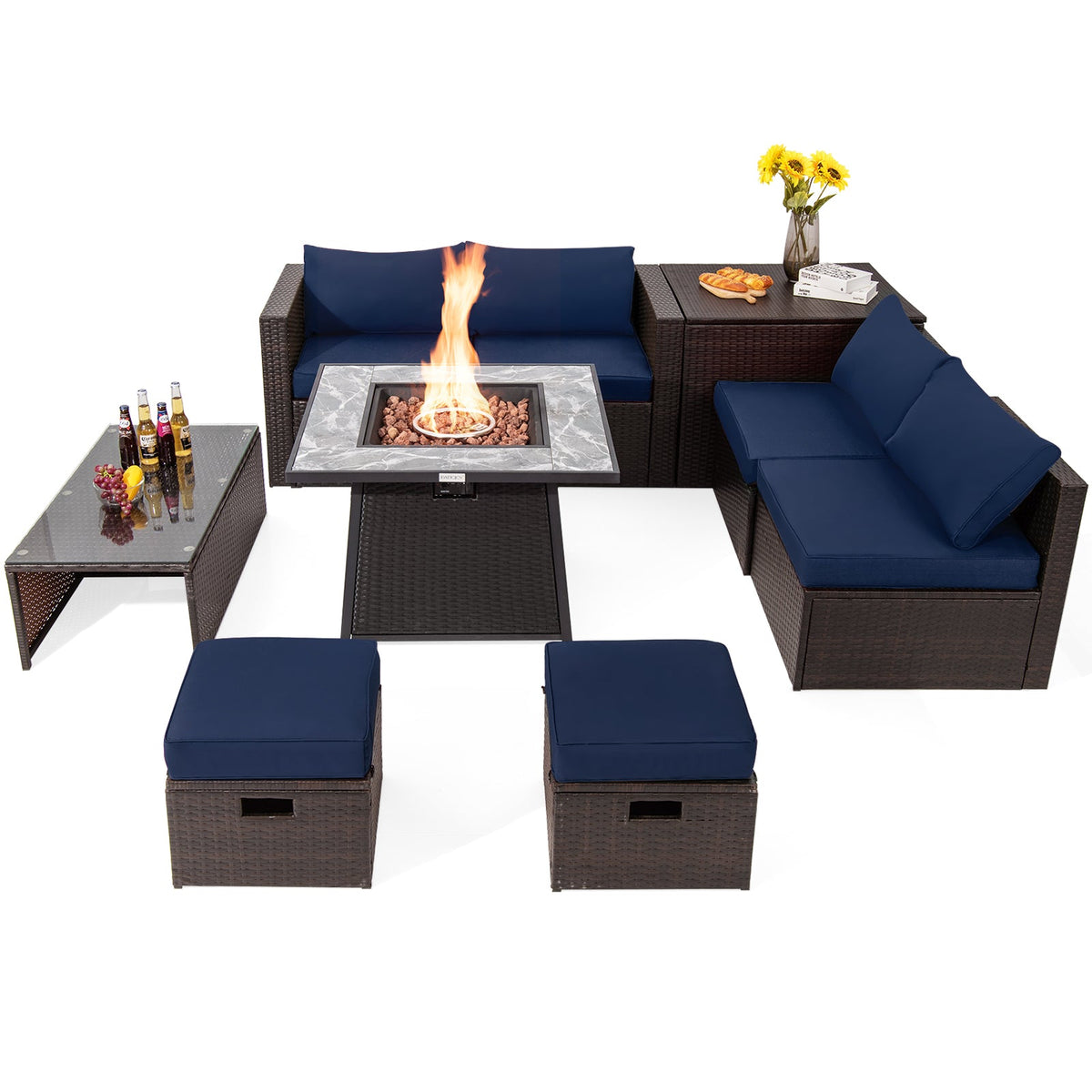 9-Piece Patio PE Wicker Sectional Set with 50,000 BTU Fire Pit Table