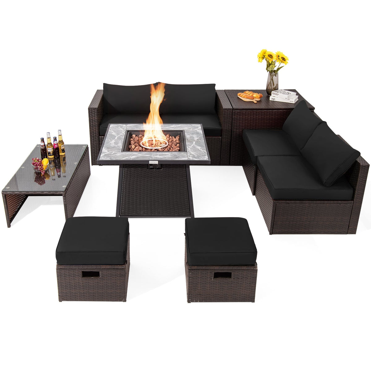 9-Piece Patio PE Wicker Sectional Set with 50,000 BTU Fire Pit Table