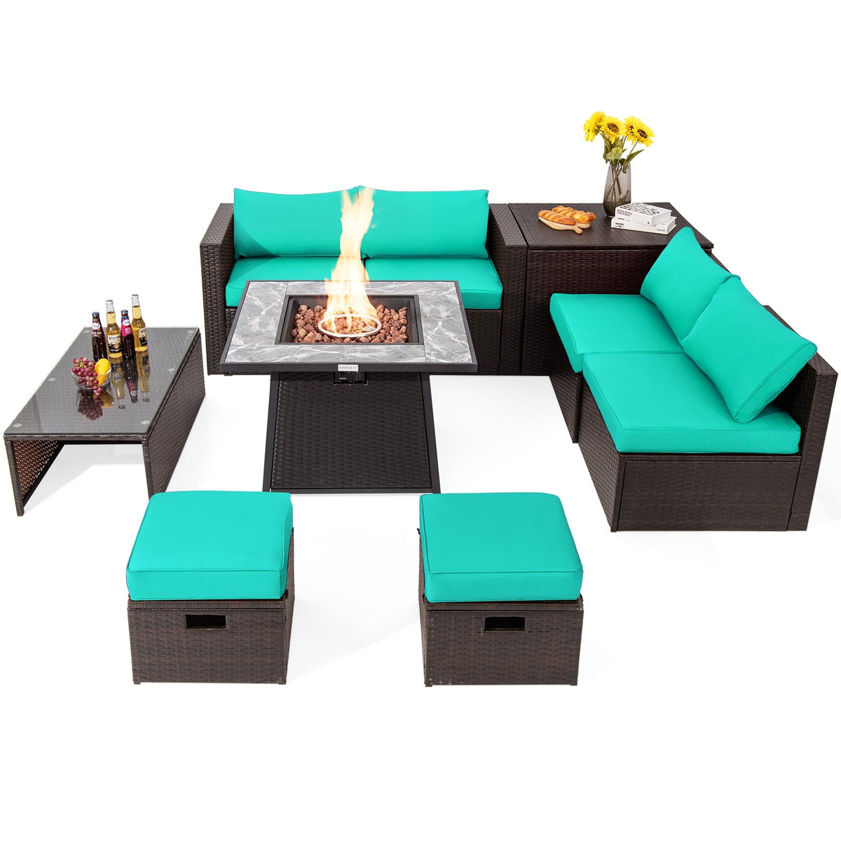 9-Piece Patio PE Wicker Sectional Set with 50,000 BTU Fire Pit Table