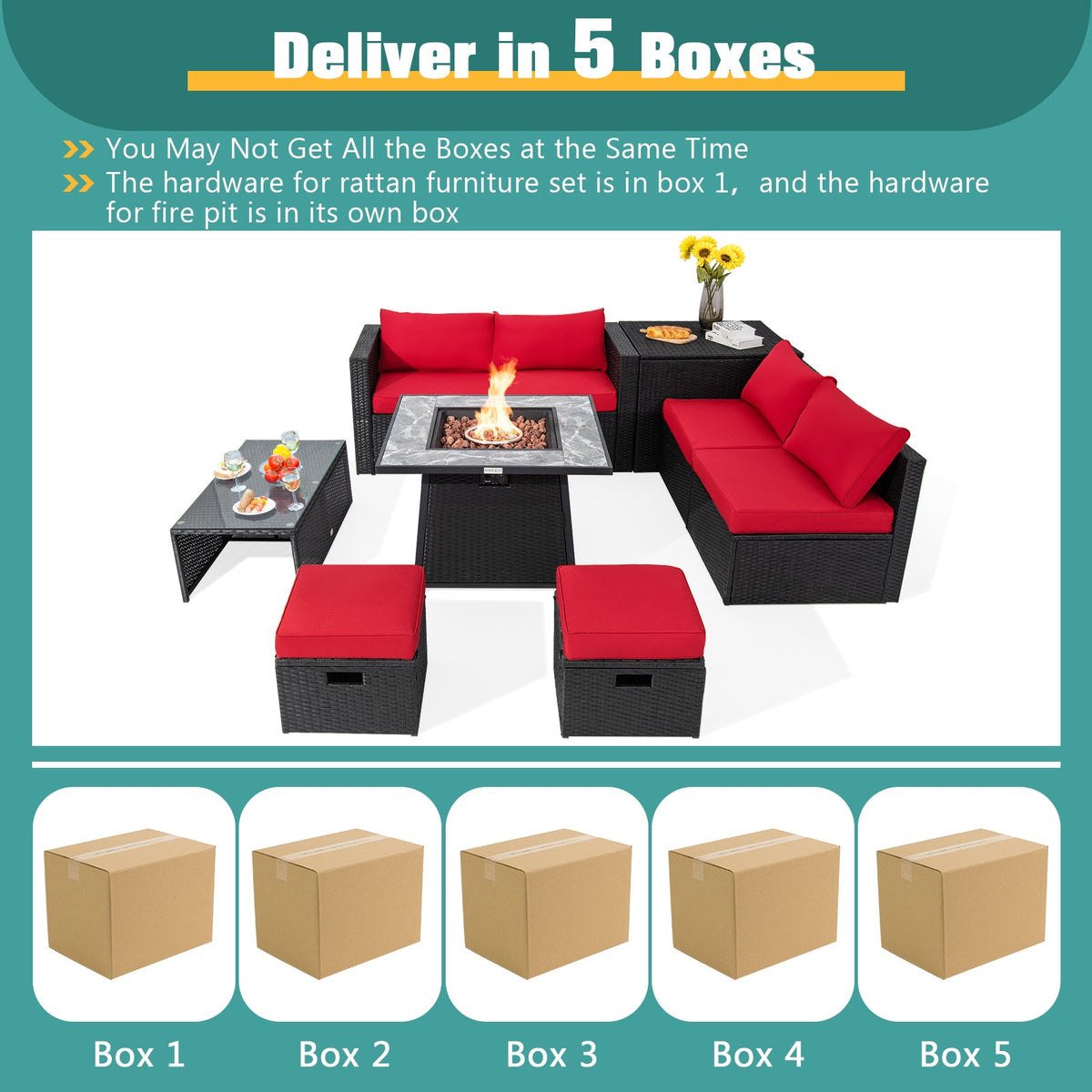 9-Piece Patio PE Wicker Sectional Set with 50,000 BTU Fire Pit Table