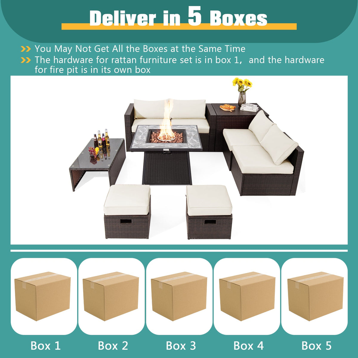 9-Piece Patio PE Wicker Sectional Set with 50,000 BTU Fire Pit Table