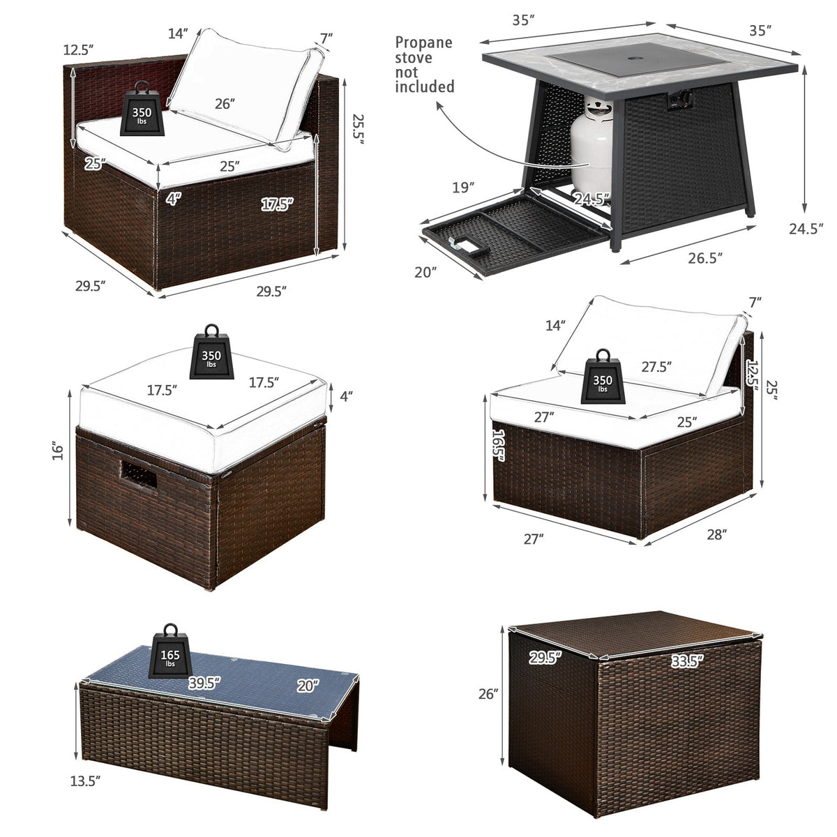 9-Piece Patio PE Wicker Sectional Set with 50,000 BTU Fire Pit Table