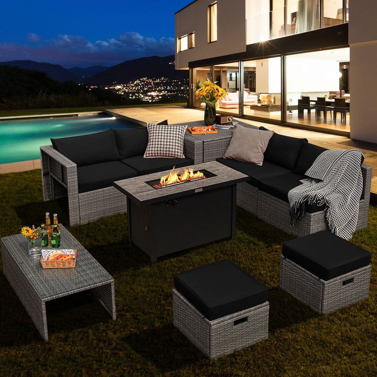 9-Piece Patio Furniture Set with 42" 60,000 BTU Fire Pit
