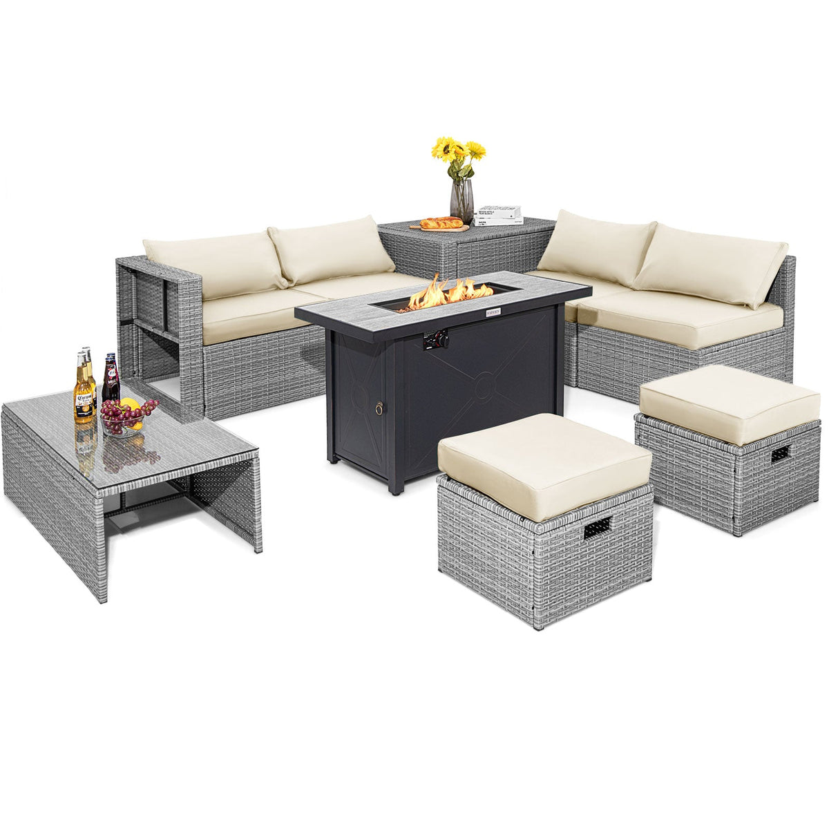 9-Piece Patio Furniture Set with 42" 60,000 BTU Fire Pit