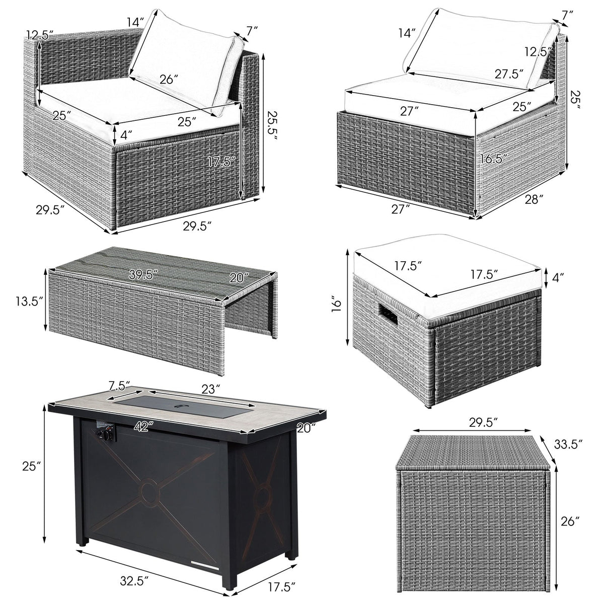 9-Piece Patio Furniture Set with 42" 60,000 BTU Fire Pit