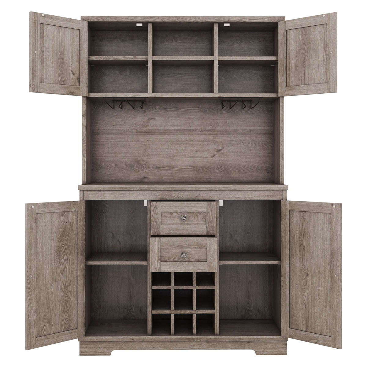 Farmhouse Coffee Bar Cabinet with Wine & Glass Storage - Brown Oak
