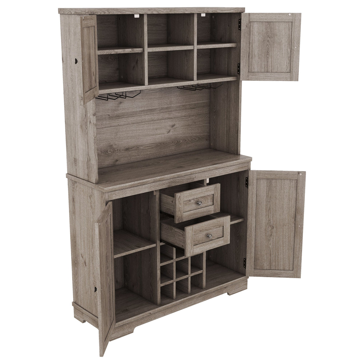 Farmhouse Coffee Bar Cabinet with Wine & Glass Storage - Brown Oak