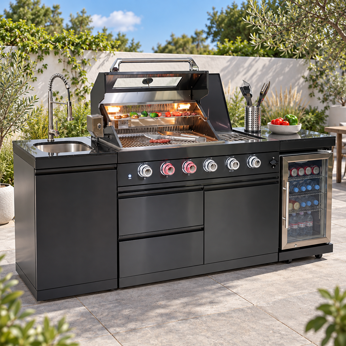 46-Inch 4-Burner Outdoor Kitchen Island with Rotisserie, Sink, Wine Cooler and Granite Countertop