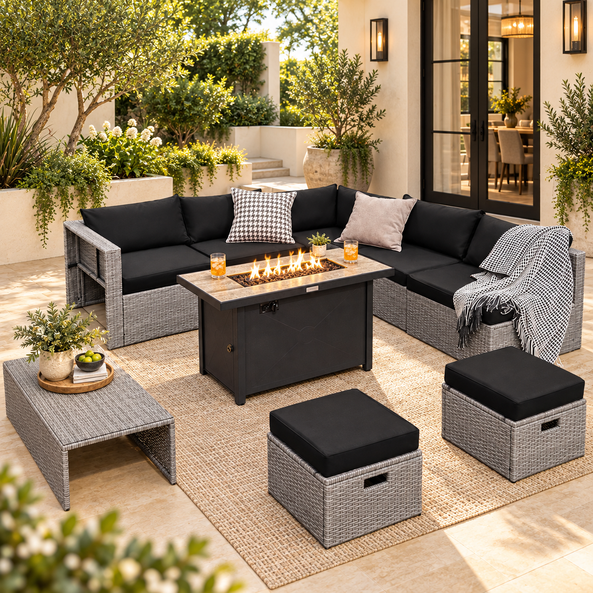 9-Piece Patio Furniture Set with 42" 60,000 BTU Fire Pit