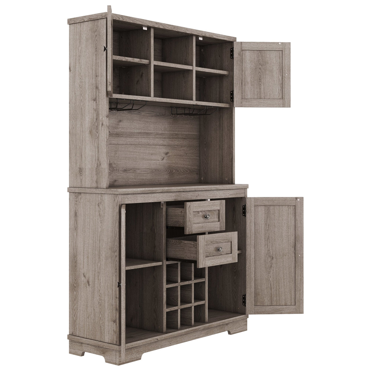Farmhouse Coffee Bar Cabinet with Wine & Glass Storage - Brown Oak
