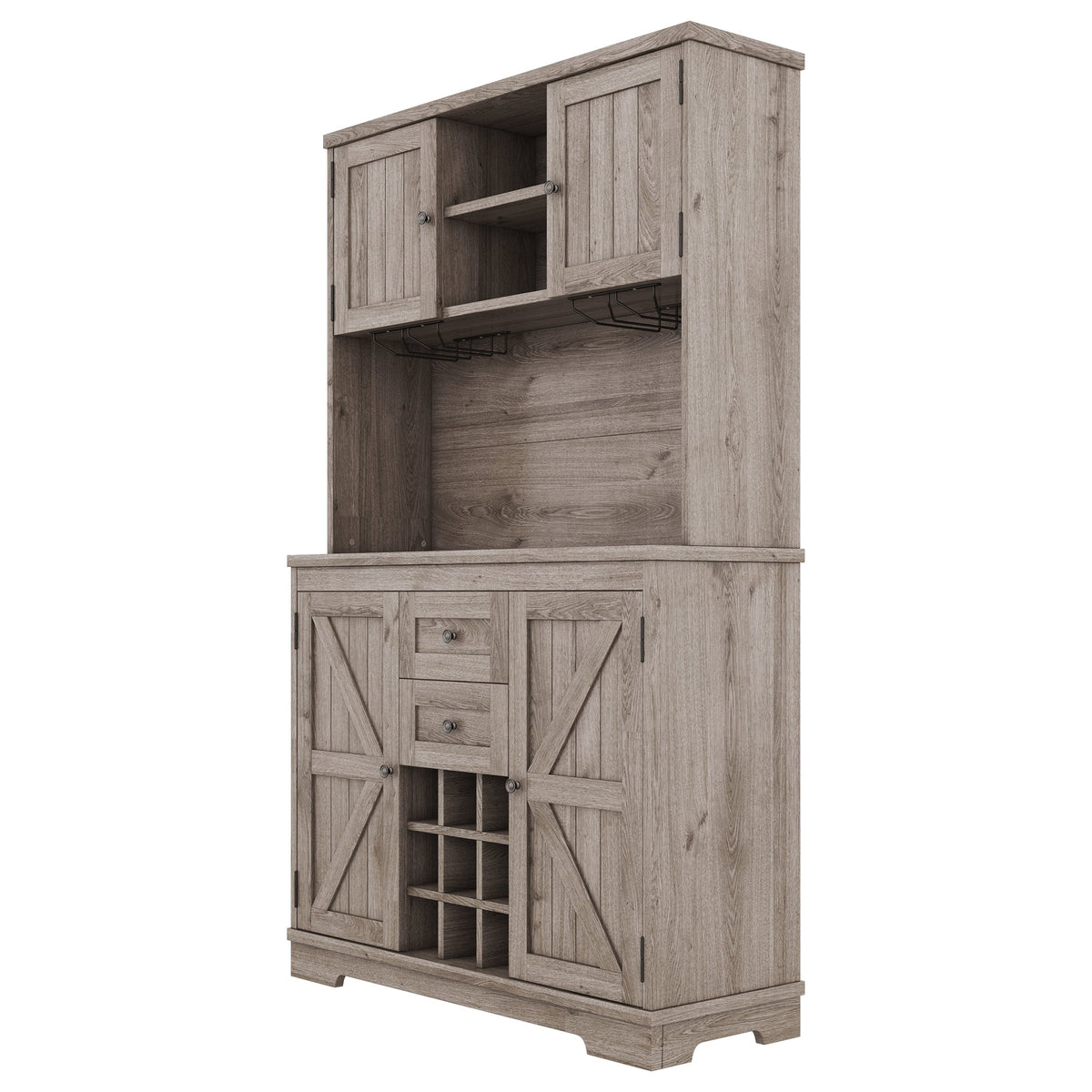 Farmhouse Coffee Bar Cabinet with Wine & Glass Storage - Brown Oak