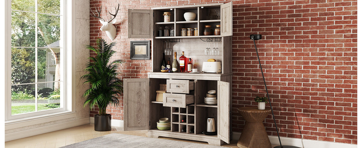 Farmhouse Coffee Bar Cabinet with Wine & Glass Storage - Brown Oak