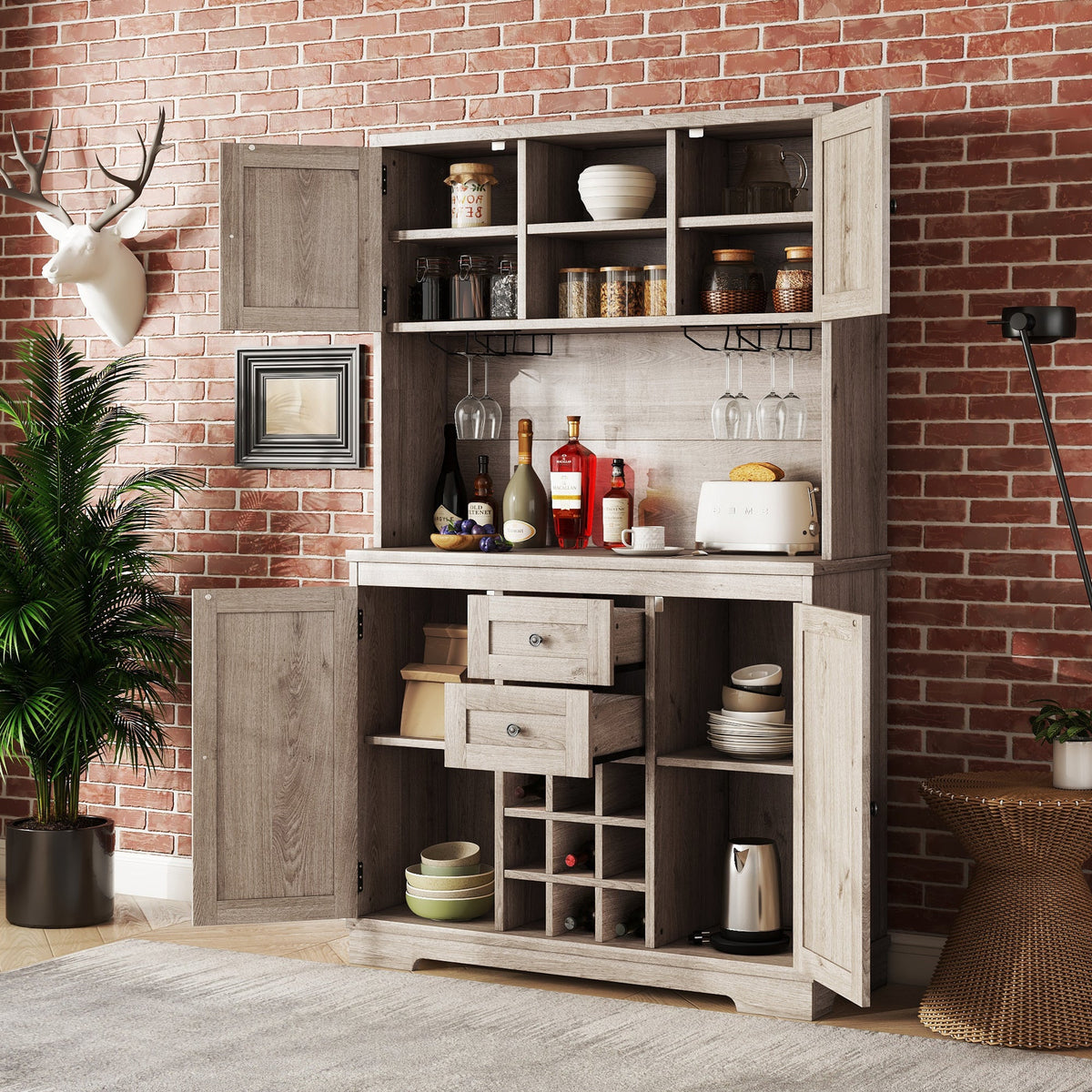 Farmhouse Coffee Bar Cabinet with Wine & Glass Storage - Brown Oak