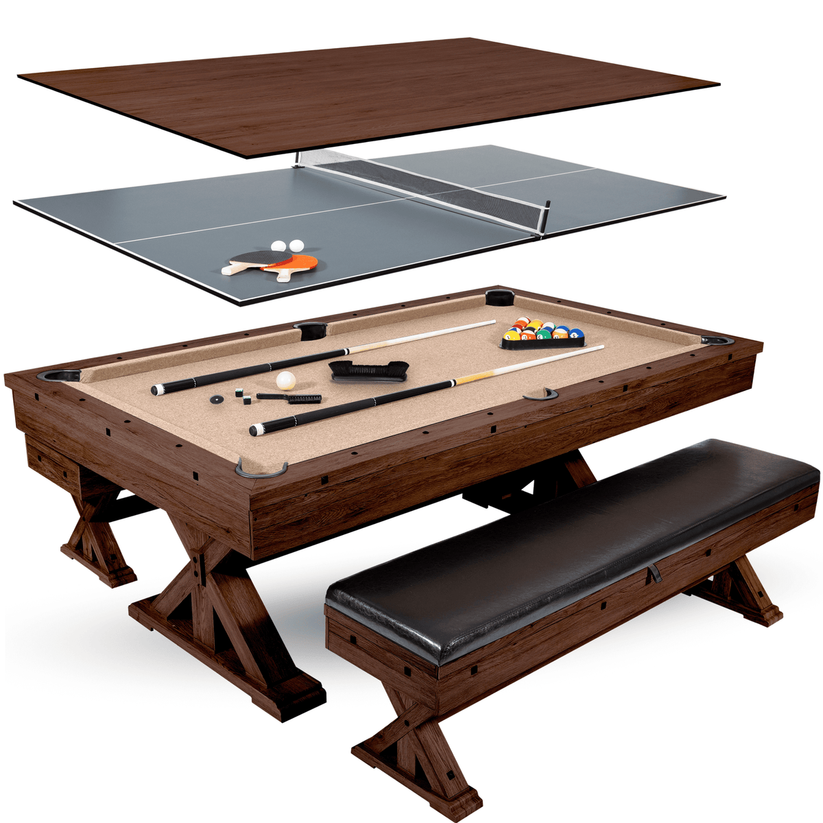 7 Ft 3 in 1 Multi Game Table, Dining Top Pool and Ping Pong Table Combo with Benches