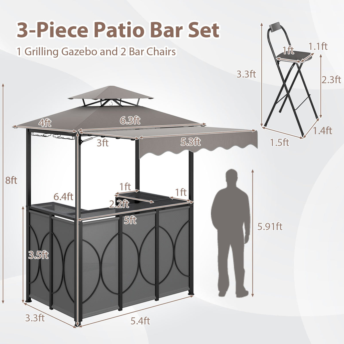 Grill Gazebo with Awning 3-Piece Outdoor BBQ Canopy