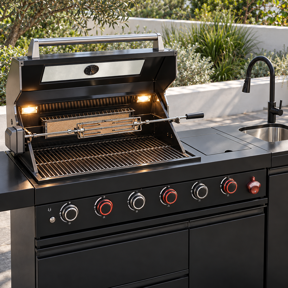 46-Inch 4-Burner Outdoor BBQ Island with Sink, Beverage Fridge, Rotisserie and Granite Countertop