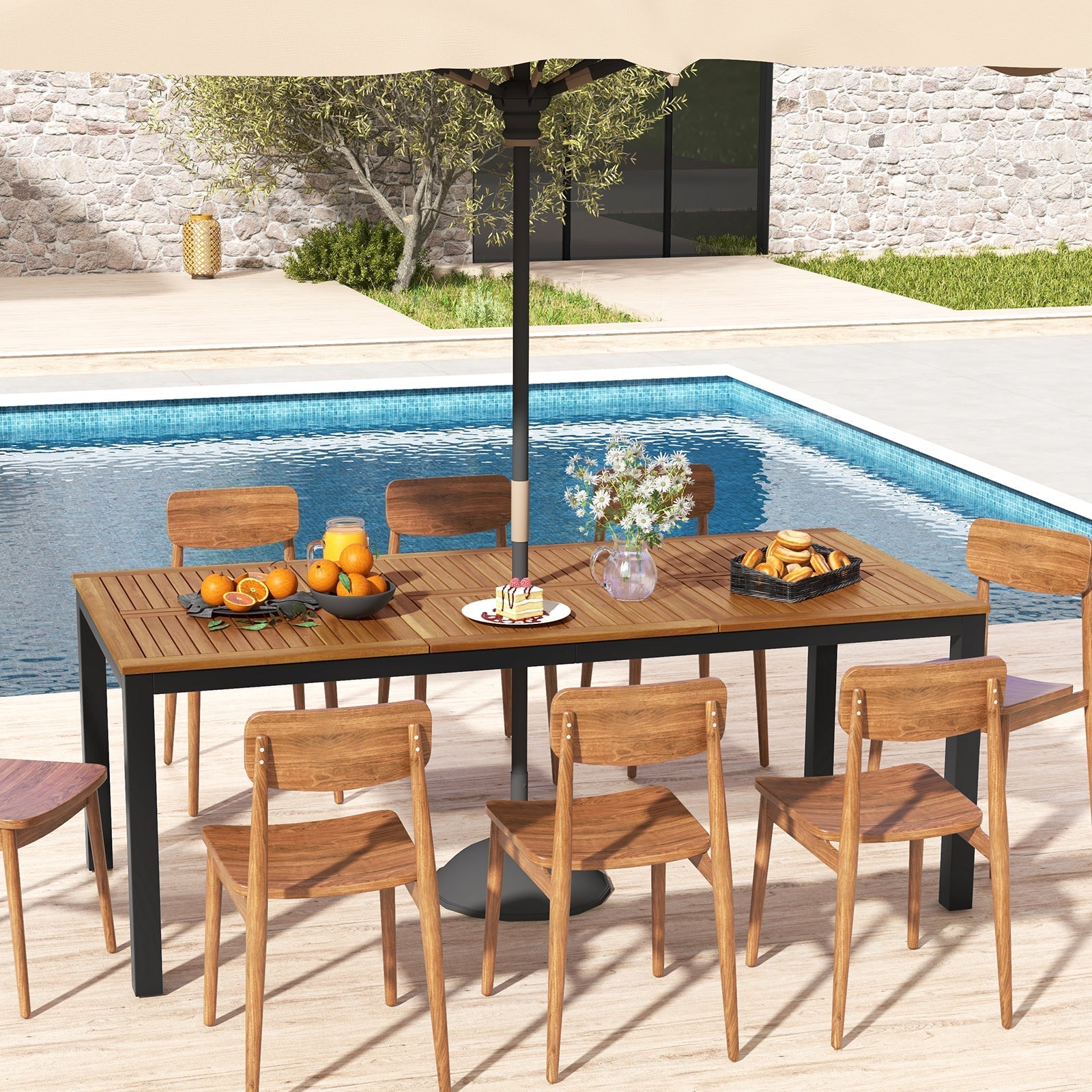 79-Inch Acacia Wood Outdoor Dining Table with Umbrella Hole